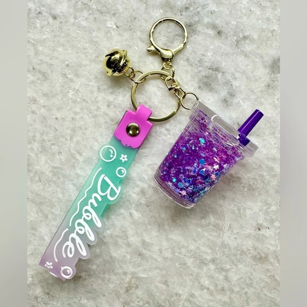 New Purple Glitter & Liquid Mini Drink Cup Purse Bag Charm Keychain - 6.5”